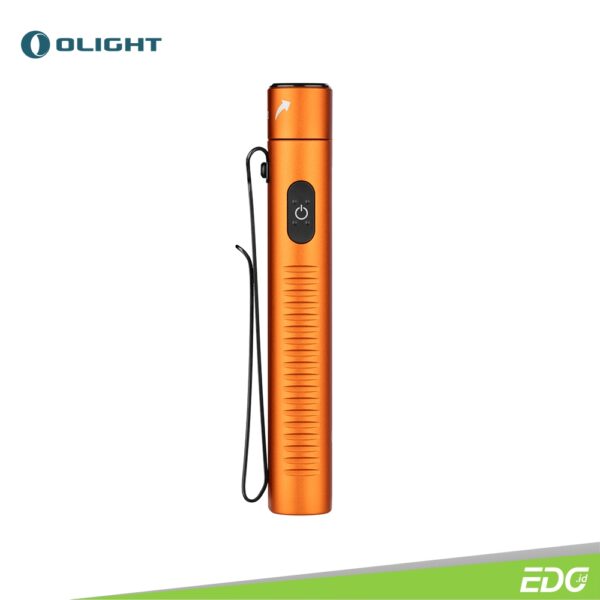 Olight Arkflex Orange 1000lm Rechargeable Flashlight Senter LED Olight Arkflex is Olight's first flashlight with an articulating head, providing up to 1,000 lumens of output. Validated through 10,000 swivel tests, its 90° patent-pending non-wire hinge ensures a continuous and consistent lighting experience. With its 0-90° articulating head, two-way clip, and strong magnetic tail, it can be flexibly used as a handheld EDC flashlight, headlamp, or work light. The flashlight features five brightness levels and a Strobe mode, suitable for various applications. It boasts a long-lasting battery life, up to 10 days in Moonlight mode on a full charge, and displays battery status through a five-level indicator. Recharging is simple using the MCC cable. The flat flashlight body and pronounced metal side switch ensures great portability and easy operation. Enjoy the Arkflex's flexibility, reliability, and versatility in your everyday life.
